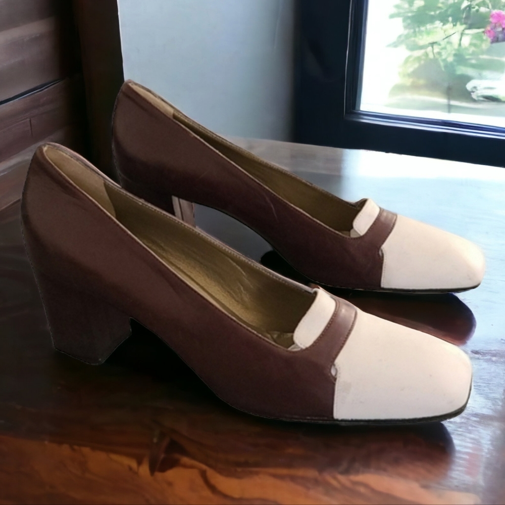 VTG YSL Retro Mod Square Toe Leather Pumps 8 N Heels Brown Yves Saint Laurent - Picture 3 of 16